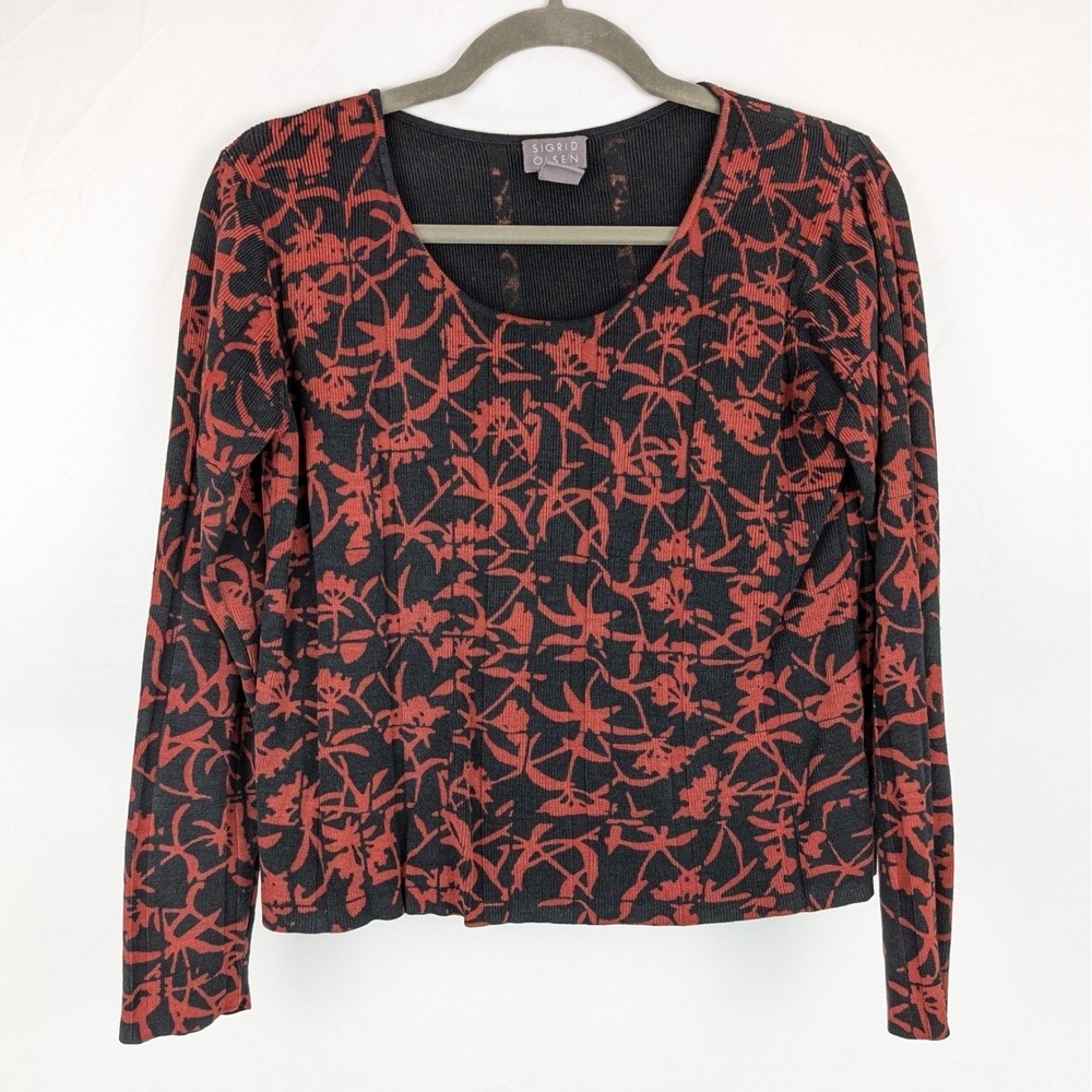 Sigrid Olsen Floral Whimsigoth 100% Silk Top Size M Long Sleeve‎ Ribbed Stretch